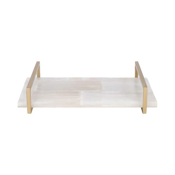 Liv & Skye White 14 in. Rectangular Stone Decorative Tray with Gold Handles