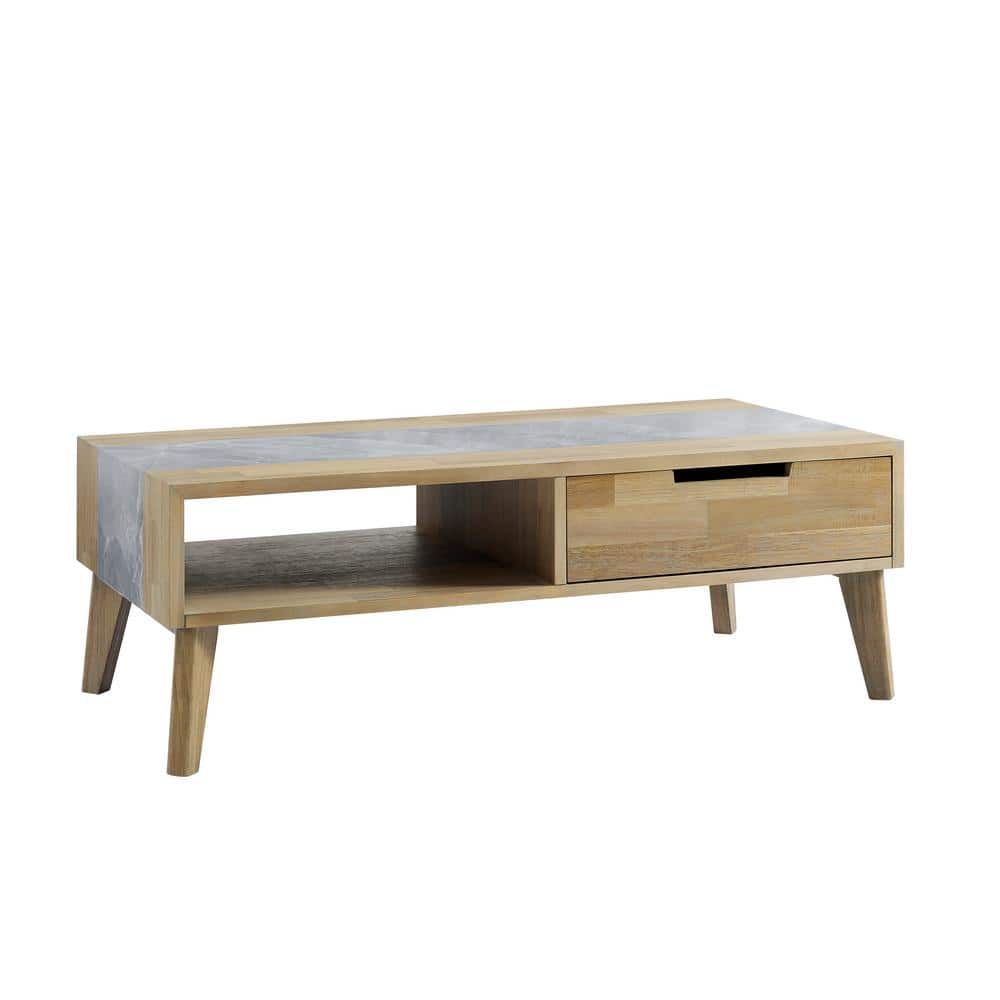 Gray and Natural Wood Rectangular Coffee Table with Storage