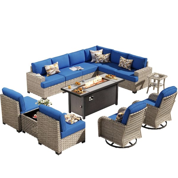 Reverie 13 Pieces Wicker Outdoor Patio Rectangular Fire Pit Set and Swivel Rocking Chairs with Navy Blue Cushions