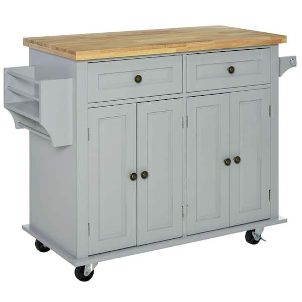Gray Wood 43.75 in. Rolling Kitchen Island with Rubberwood Top, Spice Rack and Drawers