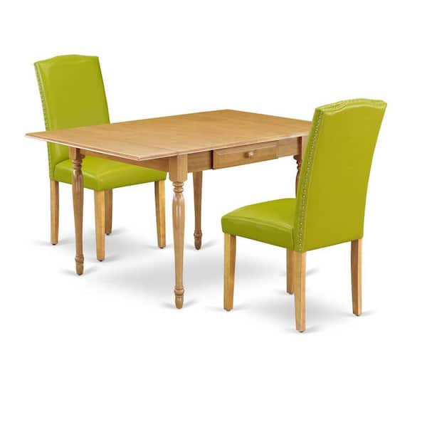 East West Furniture 3-Piece Natural Brown Oak Finish Rectangular Solid Wood Top with Dropleaf Dining Table Set