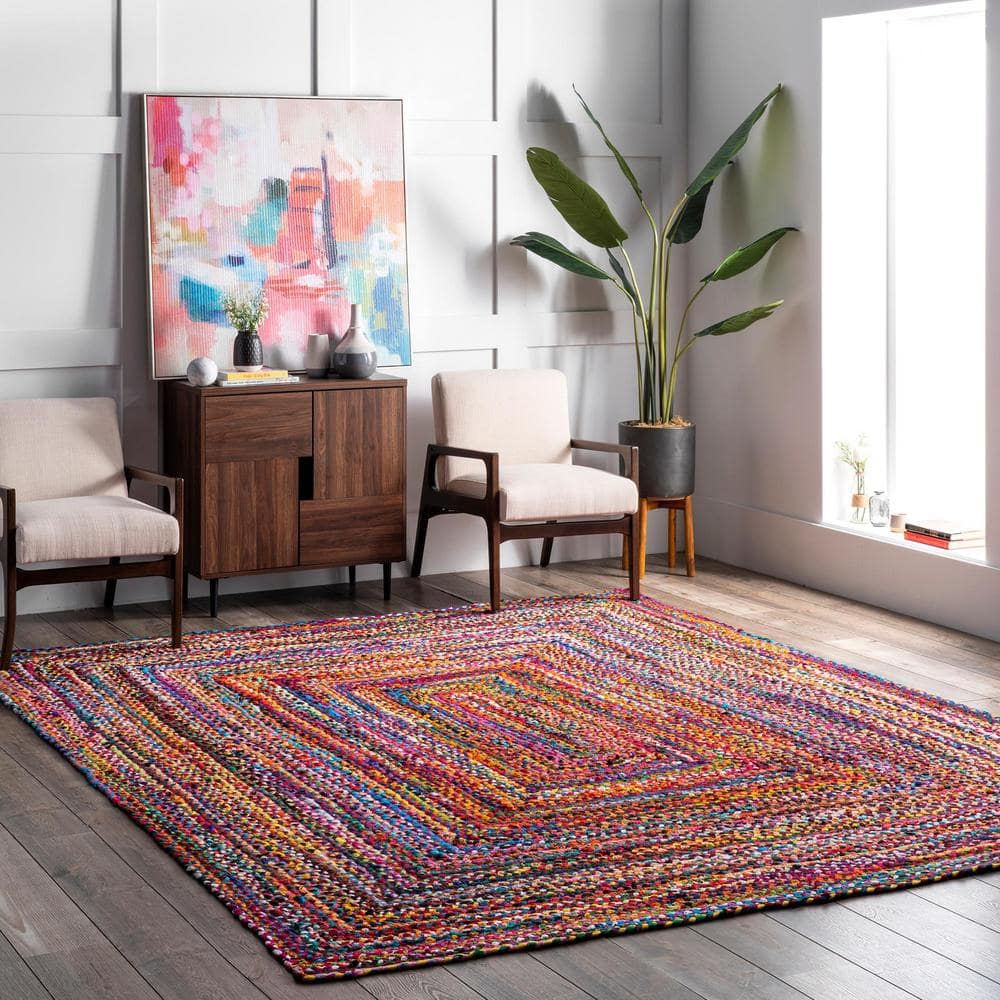 Handmade Bohemian Braided Cotton Square Area Rug - Multi