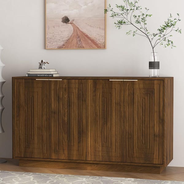 Modern 55.1 in. W Brown MDF Buffet Sideboard Cabinet with Adjustable Shelves