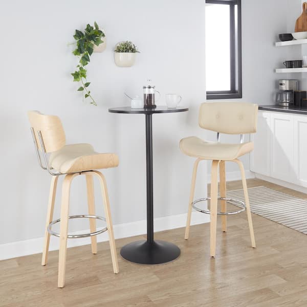 Lumisource Lombardi 30.5 in. Cream Faux Leather, Natural Wood and Chrome Fixed-Height Bar Stool with Round Footrest (Set of 2)