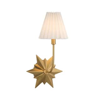 Crestwood 1-Light Warm Brass Wall Sconce with White Pleated Linen Fabric Shade