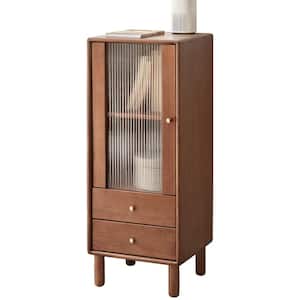 Walnut 100% Solid Pine Wood Storage Cabinet with Vintage Glass Door, 2-Shelves, 2-Drawers and Brass Handle