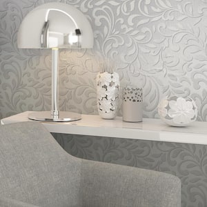 Scroll Damask Metallic White/Pearl Vinyl on Non-Woven Non-Pasted Wallpaper Roll