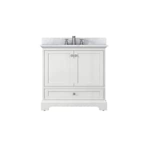 36 in. W x 22 in. D x 35 in. H Freestanding Bath Vanity in White with Carrara White Natural Marble Top with White Basin