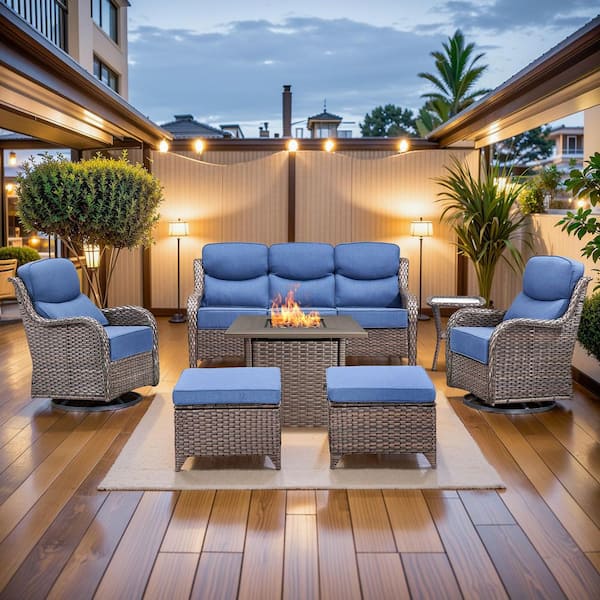 MoonLuxe Brown Wicker Fire Pit Conversation Set with Blue Olefin 6 in. Thick Cushions Patio Swivel Chairs (7-Piece)