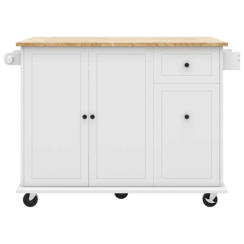 White Wood 54 in. Kitchen Island with Drop Leaf and Cabinet Organizer ...