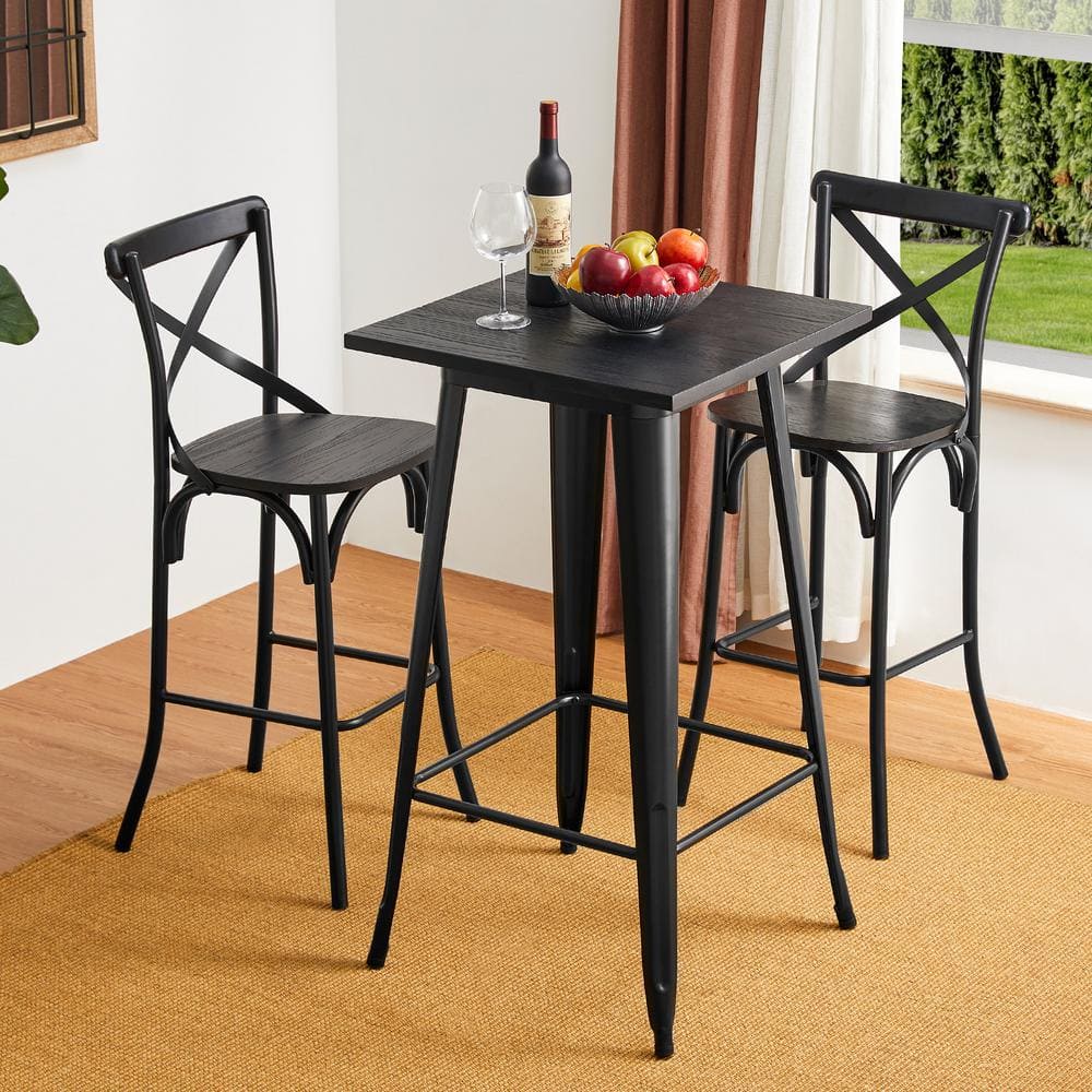 Black Steel and Elm Wood Industrial Pub Table Set with 2 Chairs