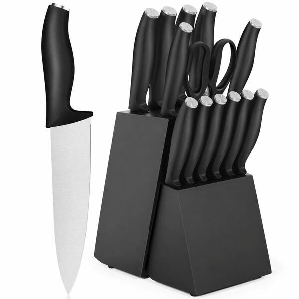 15-Piece High Carbon Stainless Steel Kitchen Knife Block Set with Built-In Sharpener, Black Handle