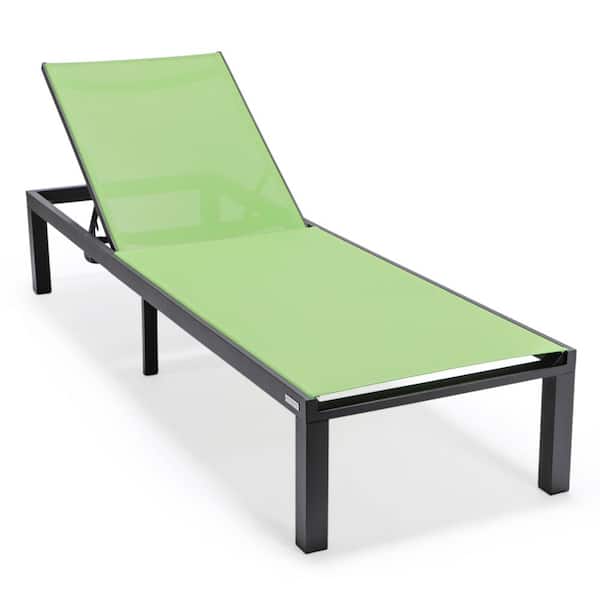 Leisuremod Marlin Modern Black Aluminum Outdoor Patio Chaise Lounge Chair with Fire Pit Table (Green)