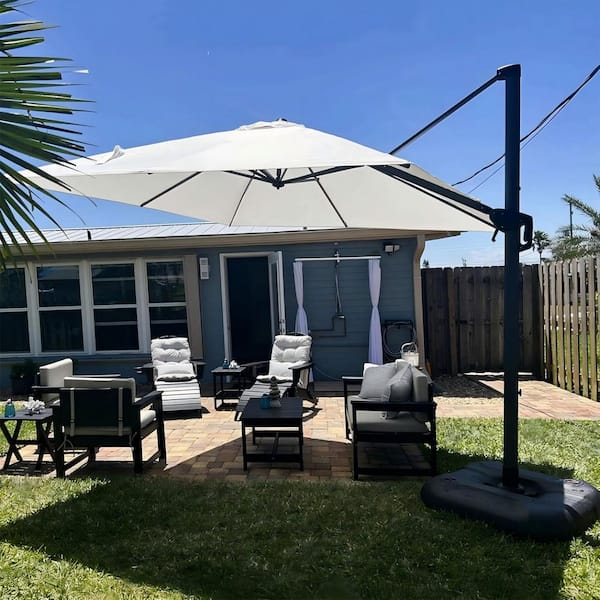 8 ft. Square Aluminum Outdoor Patio Cantilever Umbrella Offset 360° Rotation Umbrella with Base, White