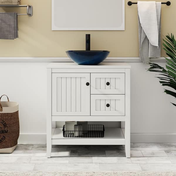30 in. W x 20 in. D x 32 in. H Single Sink Freestanding White Bath Vanity with Turquoise Round Glass Vessel Sink Top