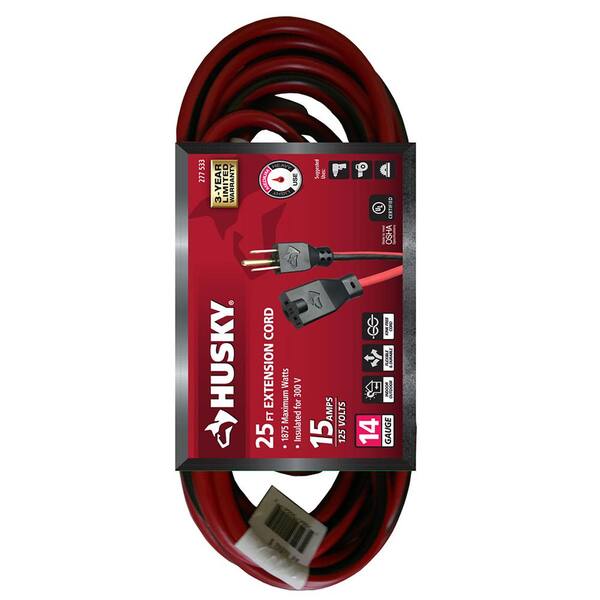 haru-to Husky 25 ft. 14/3 Indoor/Outdoor Extension Cord, Red and