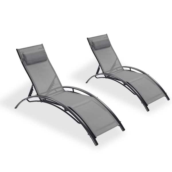 Unbranded Lounge Chair Lounger Recliner Chair with Gray Fabric for Patio Lawn Beach Pool Side Sunbathing (Set of 2)