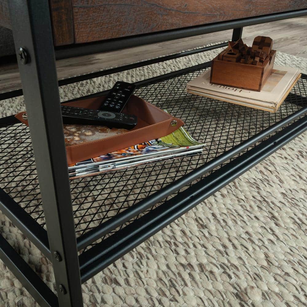 Medium Oak and Metal Lift-Top Coffee Table with Storage