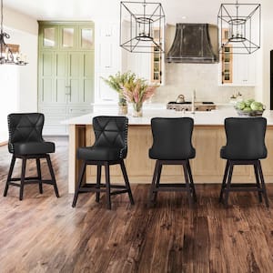 Hampton 26 in. Black Solid Wood Frame Counter Stool with Back Faux Leather Upholstered Swivel Bar Stool Set of 4