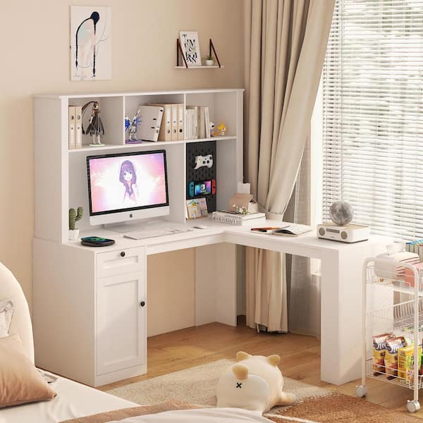 J&E Home 59 in. L-Shaped White Wood 3-Drawer Computer Corner Study Writing Desk with Storage, Shelves, and Doors