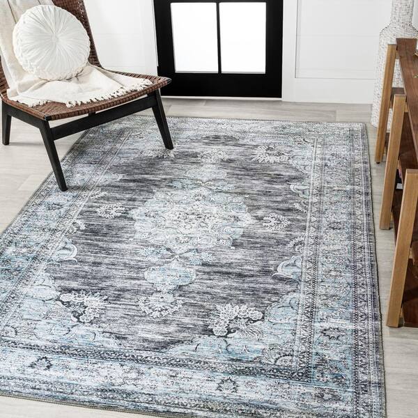 Silver authentic Grey Blue Distressed Abstract Area Rug Large Textured Reversible Dual Look Fringed Chenille Living Room Bedroom Rugs