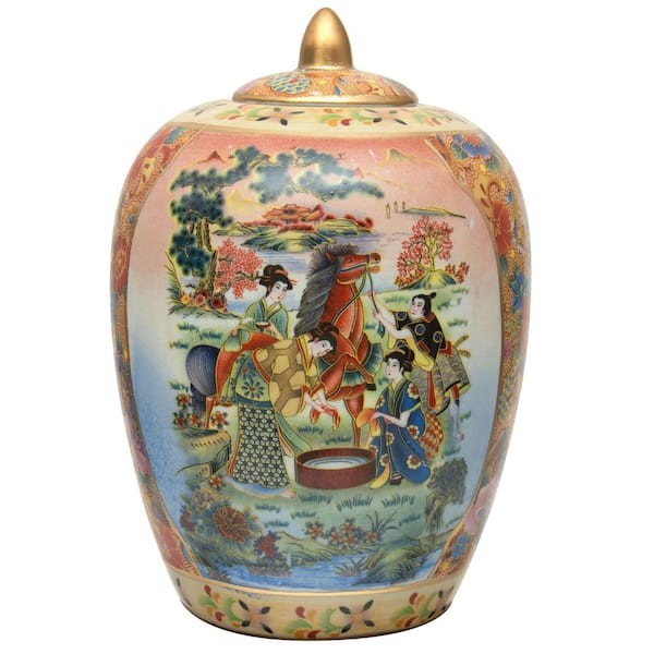 Oriental Furniture 11 in. Rose Medallion Horse in Meadow Porcelain Vase Jar
