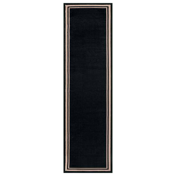 Framed Border Machine Washable Polyester Non-Slip Backing 2 ft. x 6 ft. Black Area Rug