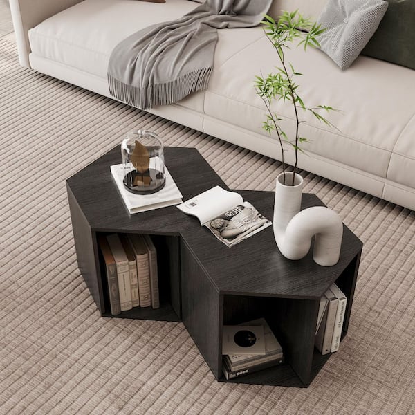 Seafuloy 23.62 in Black Brown Hexagon MDF Convertible Coffee Table /Side Table/Storage Shelves with 2 Drawers (2pcs)