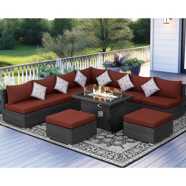 FINCATI High-End 10 Pieces Charcoal Wicker Patio Fire Pit Deep Sectional Seating Sofa Set with Dark Red Cushions with Ottomans