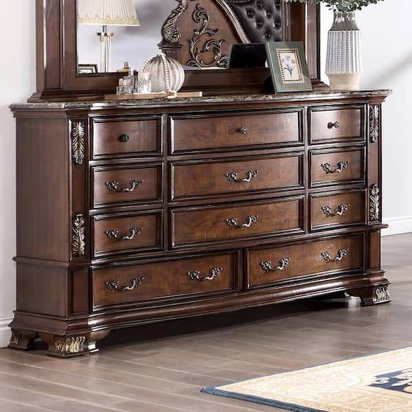 Furniture of America Florince Brown Cherry 11-Drawer 68 in. W. Dresser With Genuine Marble Top