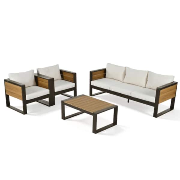 4-Piece Metal Outdoor Conversation Patio Furniture Set with Beige ...