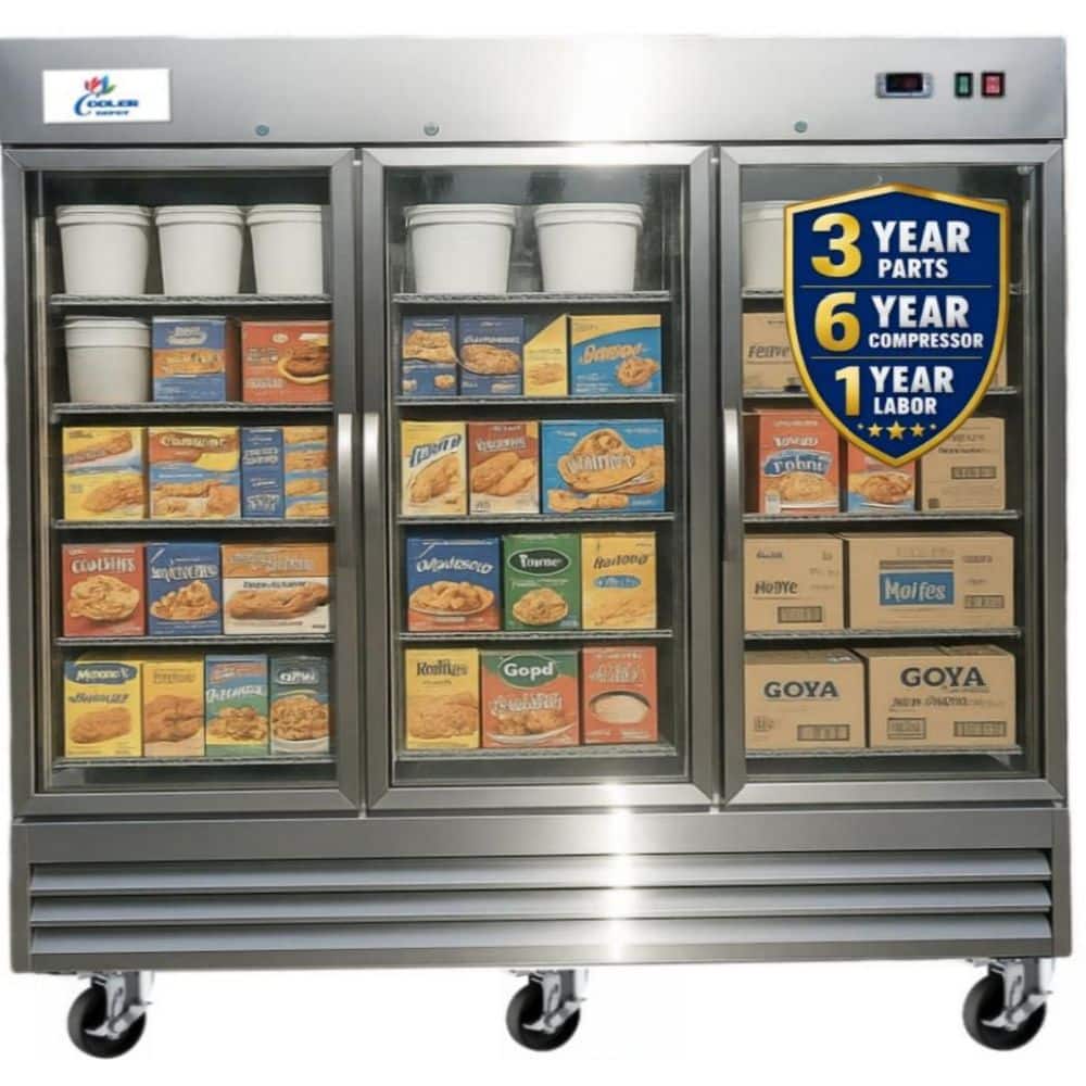 81 in. W 72 cu. ft. NSF Commercial Glass 3-Door Merchandiser Display Refrigerator Stainless Steel Exterior, 115-Volt