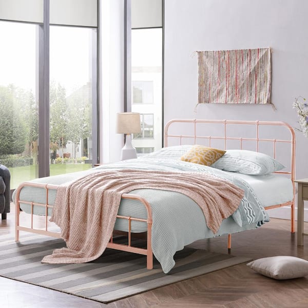 Nestfair Pink Metal Frame Full Size Platform Bed with Rounded