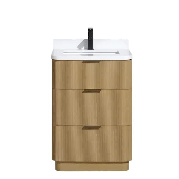 Ari Kitchen and Bath Calamigo 24 W x 22 in D x 34.5 H Single Bath Vanity in Oak with Engineered Quartz Top in White with White Basin