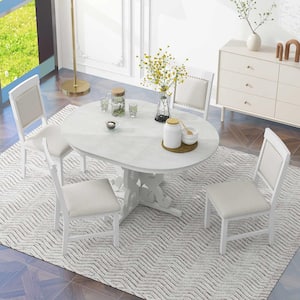 5-Piece Antique White MDF Top Extendable Dining Set with 4 Upholstered Chairs and a 16 in. Leaf