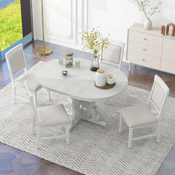 Nestfair 5-Piece Antique White MDF Top Extendable Dining Set with 4 Upholstered Chairs and a 16 in. Leaf