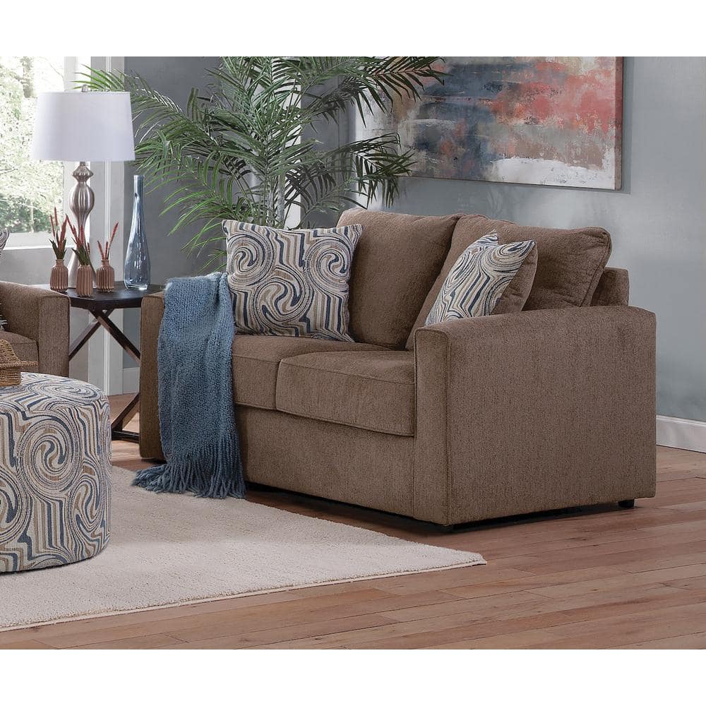 Latte Brown Chenille Fabric Loveseat with Track Arms and Throw Pillows