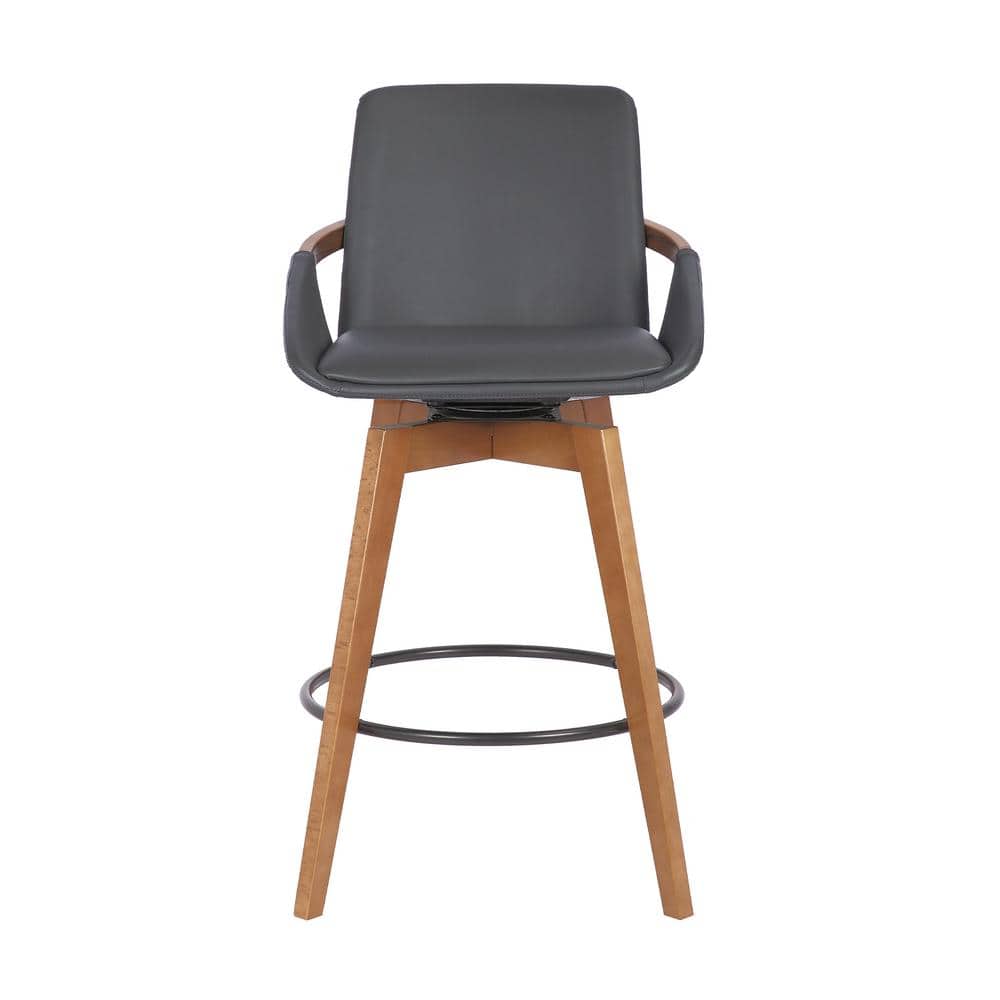 Gray Faux Leather and Walnut Wood Swivel Bar Stool
