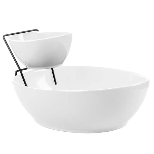 HOMETRENDS 3-Piece 2 Tier Fine Ceramic Chip and Dip Serving Set in White with Wire Rack
