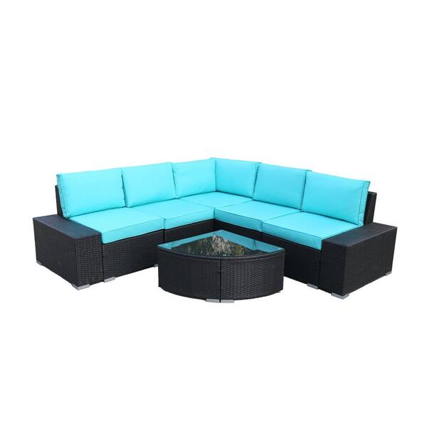 Boyel Living Black 6 Pieces Pe Rattan Wicker Outdoor Patio Sofa Sectional Furniture With Blue Cushions Ds W261s00001 The Home Depot Boyel Living Black 6 Pieces Pe Rattan, Home Depot Outdoor Furniture Replacement Cushions