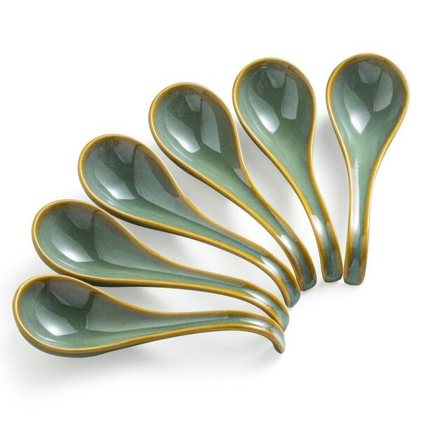 Blue-Green 6.5 in. Ceramic Asian Soup Spoons for Ramen Pho Noodles Wonton Miso Dishwasher Safe (Set of 6)