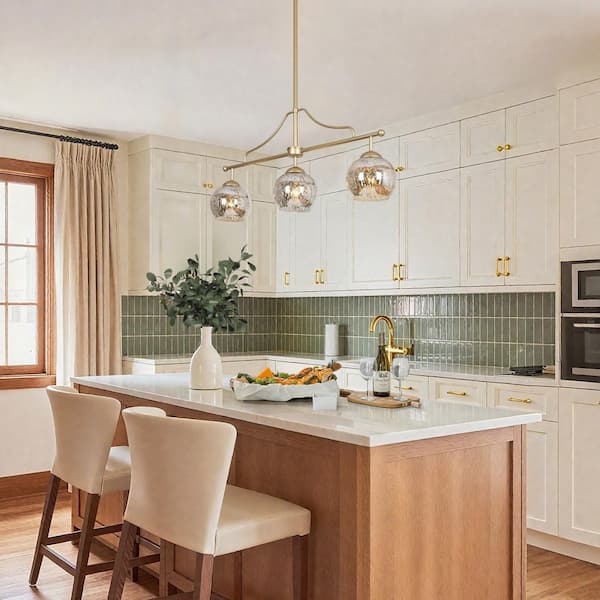 3-Light Modern Gold Kitchen Island Chandelier Lighting, Transitional Linear Pendant Hanging Light with Mercury Glass