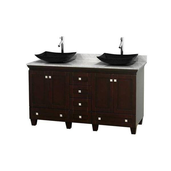 Wyndham Collection Acclaim 60 in. W Double Vanity in Espresso with Marble Vanity Top in Carrara White and Black Sinks