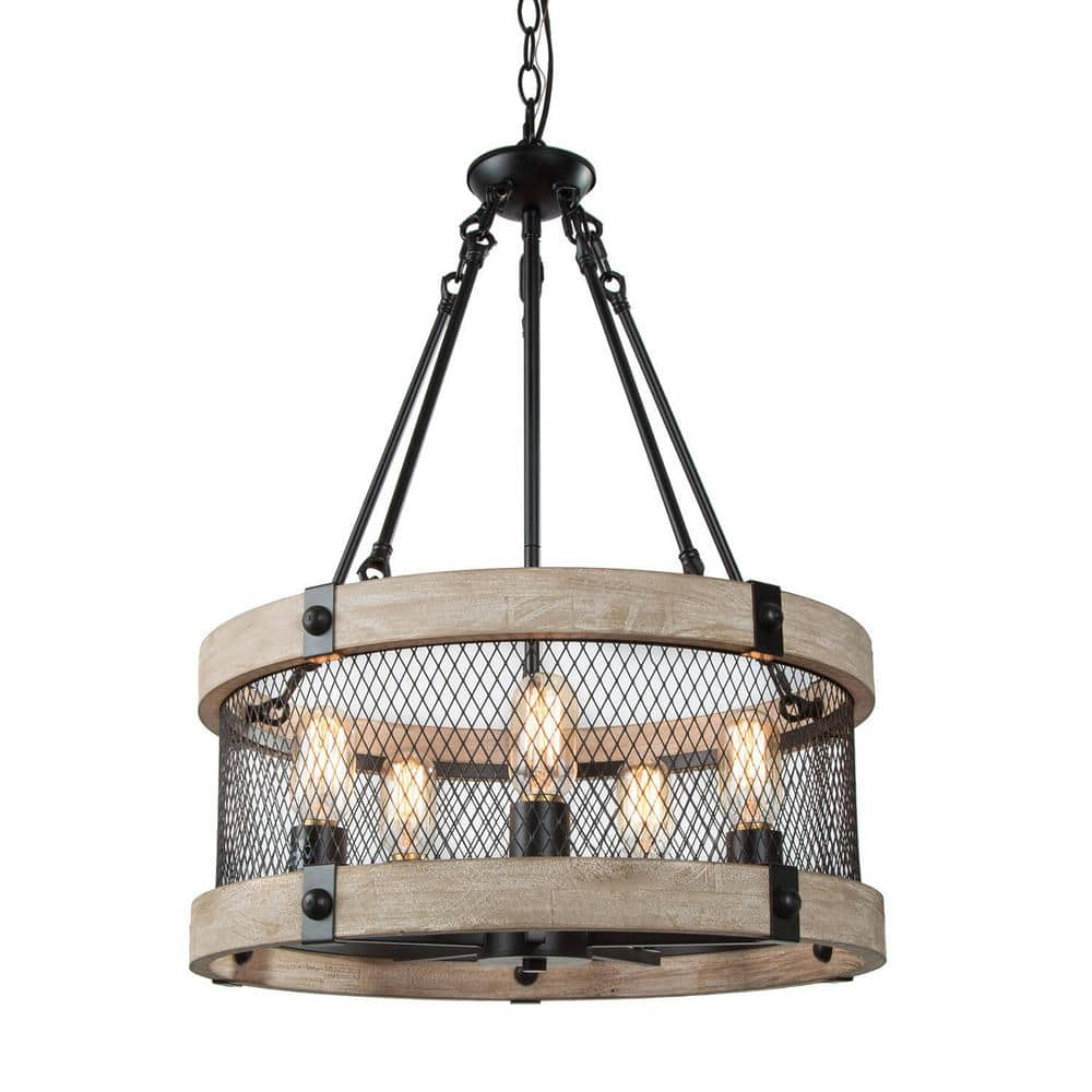 LNC 5-Light Brown Drum Pendant-Lighting Farmhouse Round Drum Pendant ...