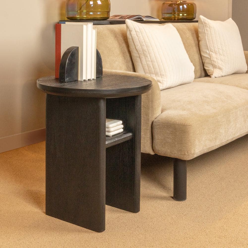 Black Firwood Round Side Table with Shelf