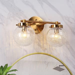 Modern 14 in. 2-Light Plated Brass Bathroom Vanity Light with Crackled Globe Glass Shades, Bedroom Wall Sconce