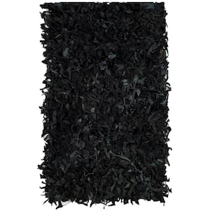 Leather Shag Black Doormat 2 ft. x 4 ft. Solid Area Rug