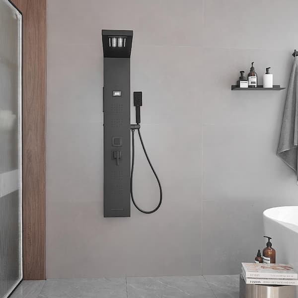 Dual 4-in-1 4-Jet Rainfall Shower Panel System with Waterfall Showerhead, Shower Wand with LED Light in Stainless Steel
