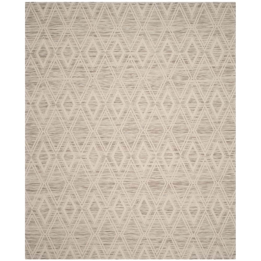 Ivory and Light Brown Geometric Wool Area Rug, 10' x 14'