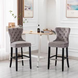 Harper 29 in. Gray Velvet Tufted Wingback Kitchen Counter Bar Stool with Black Solid Wood Frame (Set of 2)